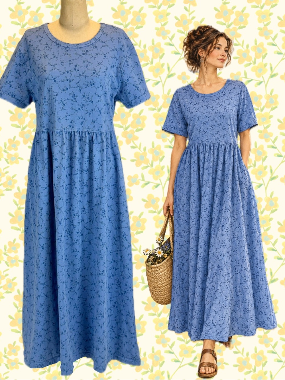 VINTAGE cottage prairie garden dress long maxi short sleeve 100% cotton blue 80s